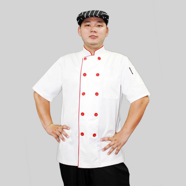 重庆【厨师服】夏季短袖厨师服平扣镶红边酒店厨房工作服夏厨师短袖定做