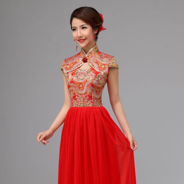 重庆新款新娘结婚敬酒礼服旗袍两件套龙凤刺绣褂高档长款红装定做
